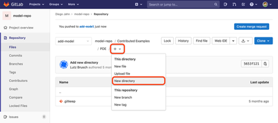 Screenshot of the model repository webpage on GitLab with the ‘+’ and ‘New directory’ buttons highlighted