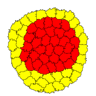 Figure 1.  Yellow cells engulf the red cells as a result of differential adhesion.