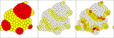 Figure 1.  Plots of the simulation result at time $t = 7600$. **Left:** Spatial cell arrangement of the two `CellTypes` `ct1` (red) and `ct2` (yellow). **Middle:** Number of neighbors $b$ of the other `CellType`, colors are scaled from white to yellow to red, representing a low  (white), medium (yellow) or high (red) number of neighboring cells. **Right:** Contact length $b_2$ with cells of the other `CellType`, with colors indicating a low (white), medium (yellow) or high (red) sum of boundary nodes. These latter two plots only show observables that each cell can report about its respective local neighborhood and these values are not used in the sorting mechanism.